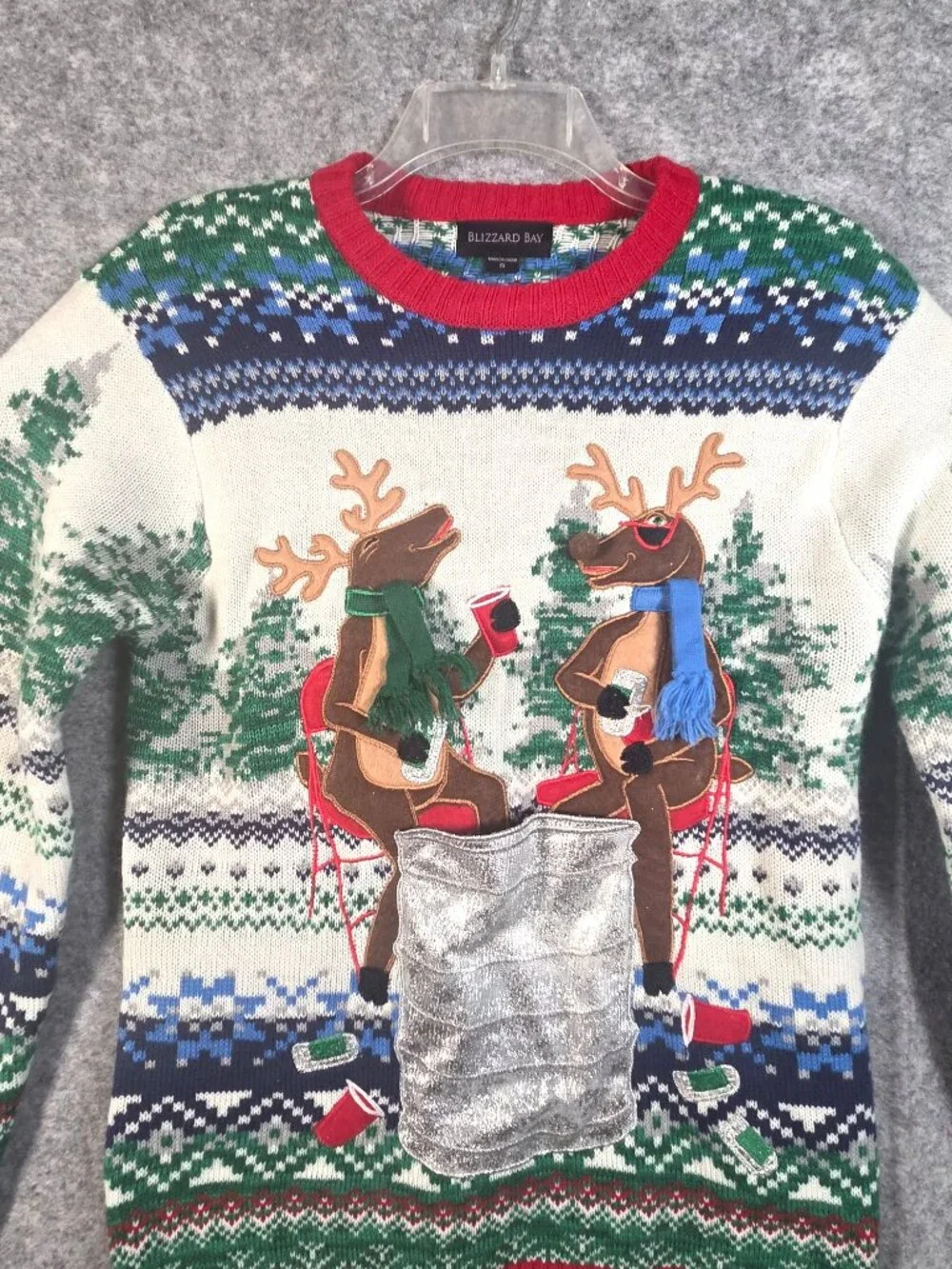 Blizzard Bay Ugly Christmas Sweater L Reindeer Beer Holder Y2K Novelty Holiday